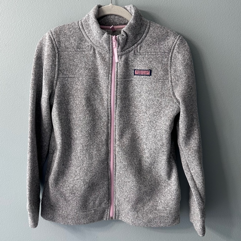 Vineyard Vines Zip Up Preppy Sweater Grey and Pink Girls Large 14 - Picture 1 of 12